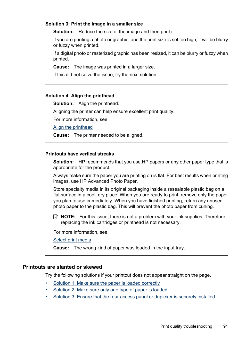 Printouts are slanted or skewed, Printouts have vertical streaks, Solution 3: print the image in a smaller size | Solution 4: align the printhead | HP Officejet 6000 User Manual | Page 95 / 168