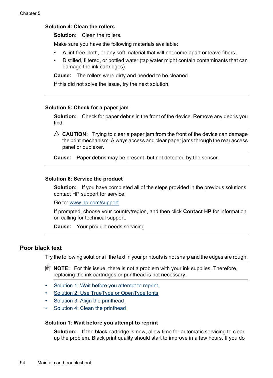 Poor black text, Solution 4: clean the rollers, Solution 5: check for a paper jam | Solution 6: service the product | HP Officejet 6000 User Manual | Page 98 / 168