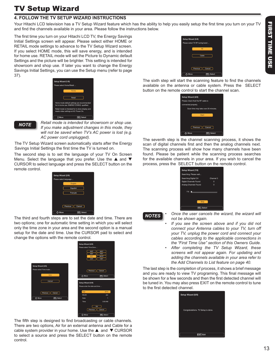 Tv setup wizard, Follow the tv setup wizard instructions | Hitachi ULTRAVISION L32S504 User Manual | Page 13 / 60