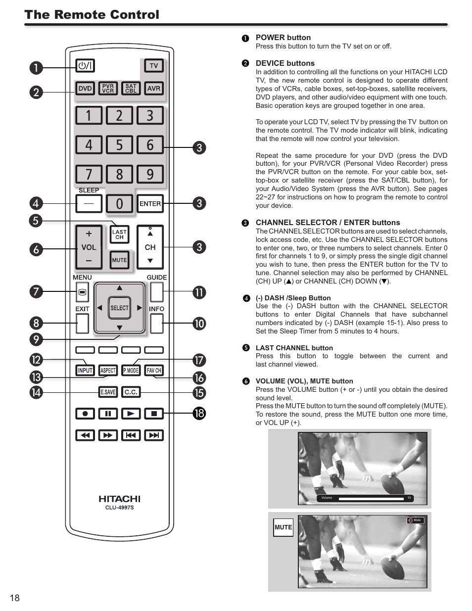The remote control | Hitachi ULTRAVISION L32S504 User Manual | Page 18 / 60