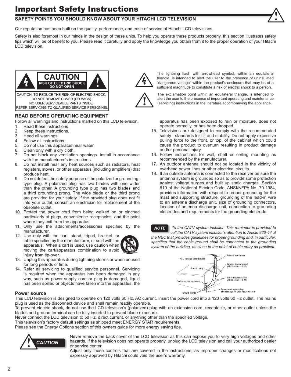 Important safety instructions | Hitachi ULTRAVISION L32S504 User Manual | Page 2 / 60
