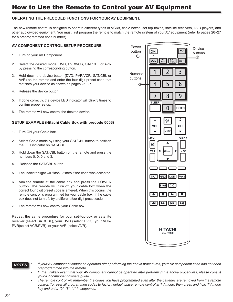 How to use the remote to control your av equipment | Hitachi ULTRAVISION L32S504 User Manual | Page 22 / 60