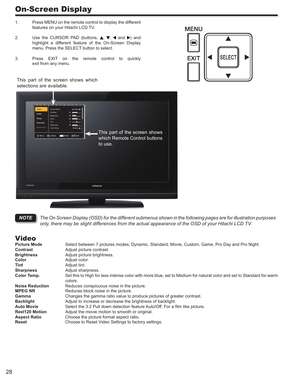 On-screen display, Video | Hitachi ULTRAVISION L32S504 User Manual | Page 28 / 60