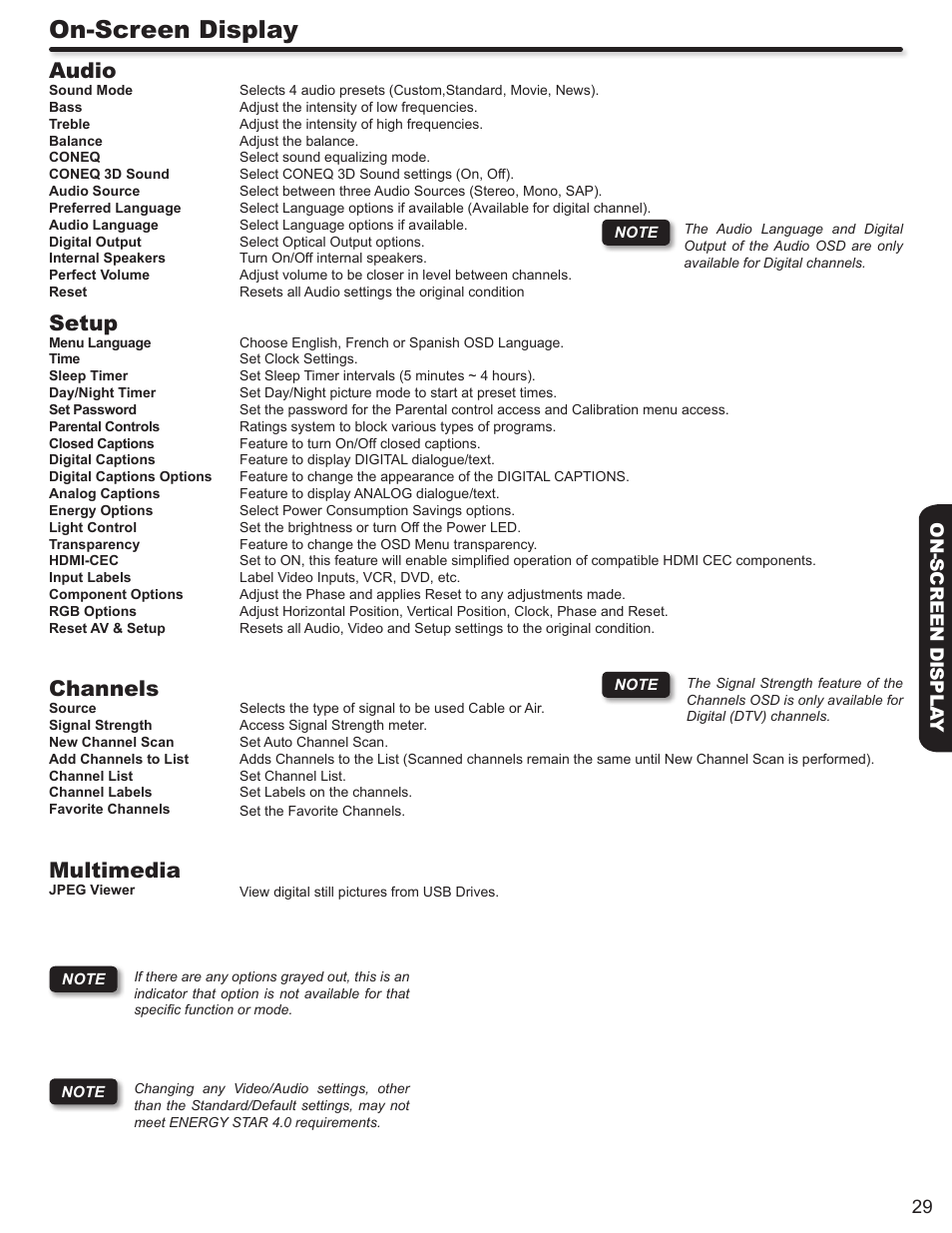 On-screen display, Audio, Setup | Channels, Multimedia | Hitachi ULTRAVISION L32S504 User Manual | Page 29 / 60
