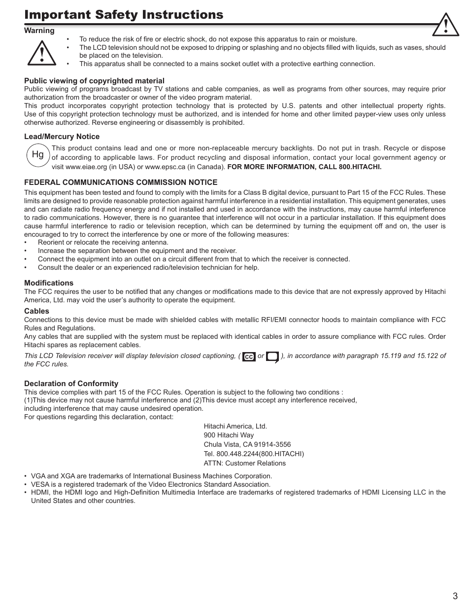 Important safety instructions | Hitachi ULTRAVISION L32S504 User Manual | Page 3 / 60
