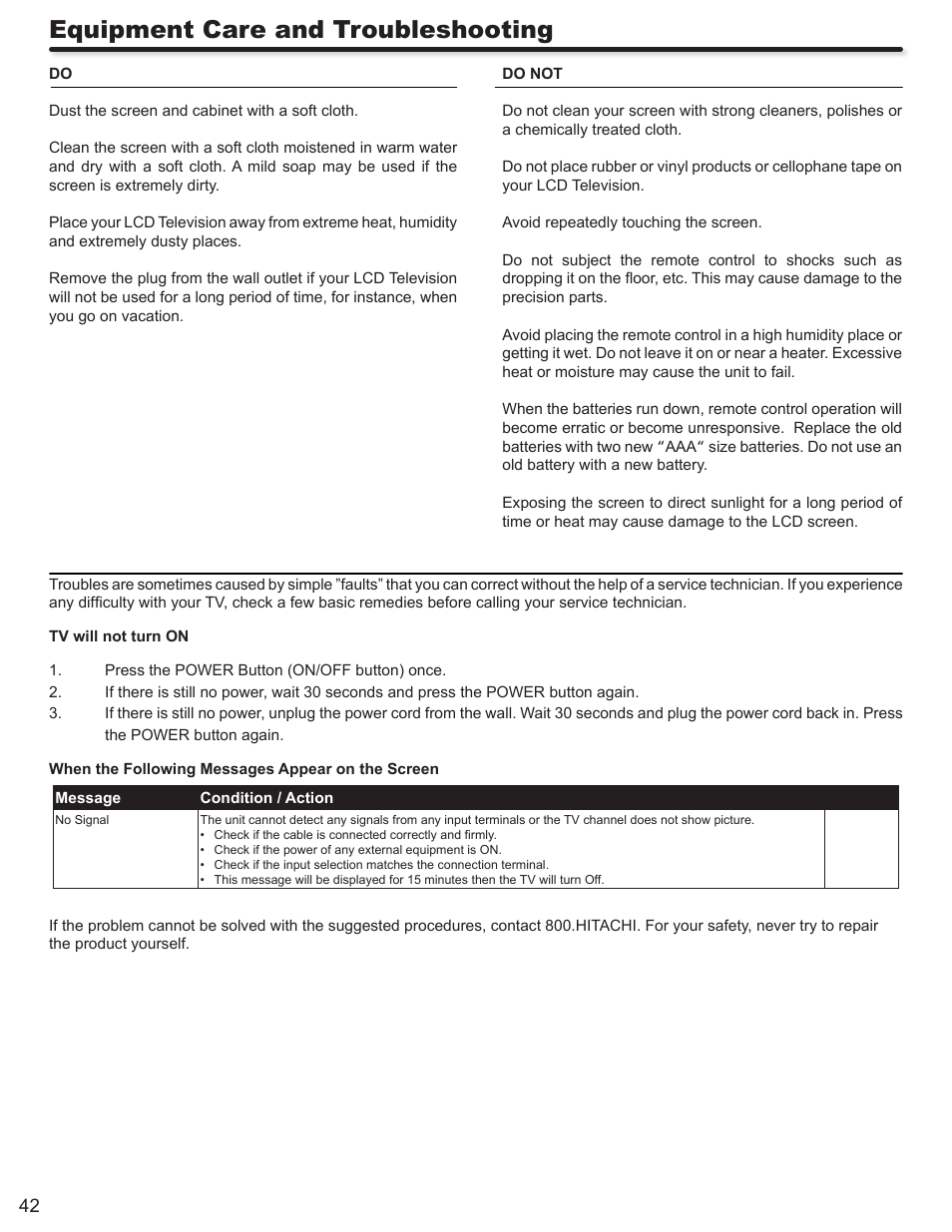 Equipment care and troubleshooting | Hitachi ULTRAVISION L32S504 User Manual | Page 42 / 60