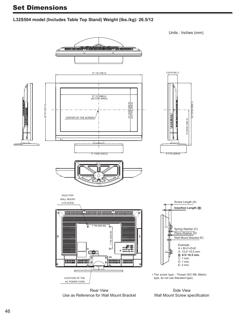 Set dimensions, Side view wall mount screw speciﬁcation | Hitachi ULTRAVISION L32S504 User Manual | Page 46 / 60