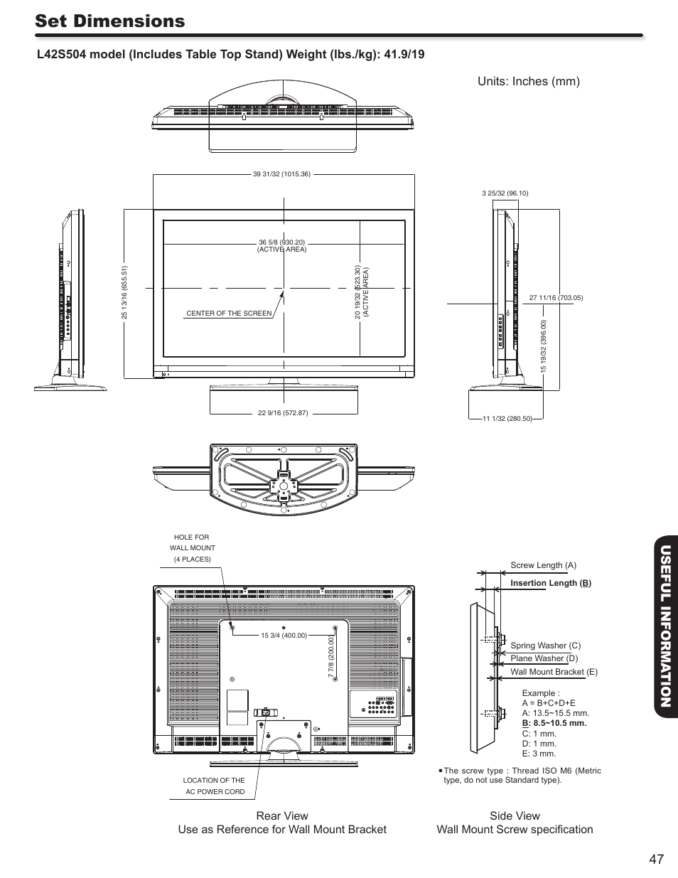 Set dimensions | Hitachi ULTRAVISION L32S504 User Manual | Page 47 / 60
