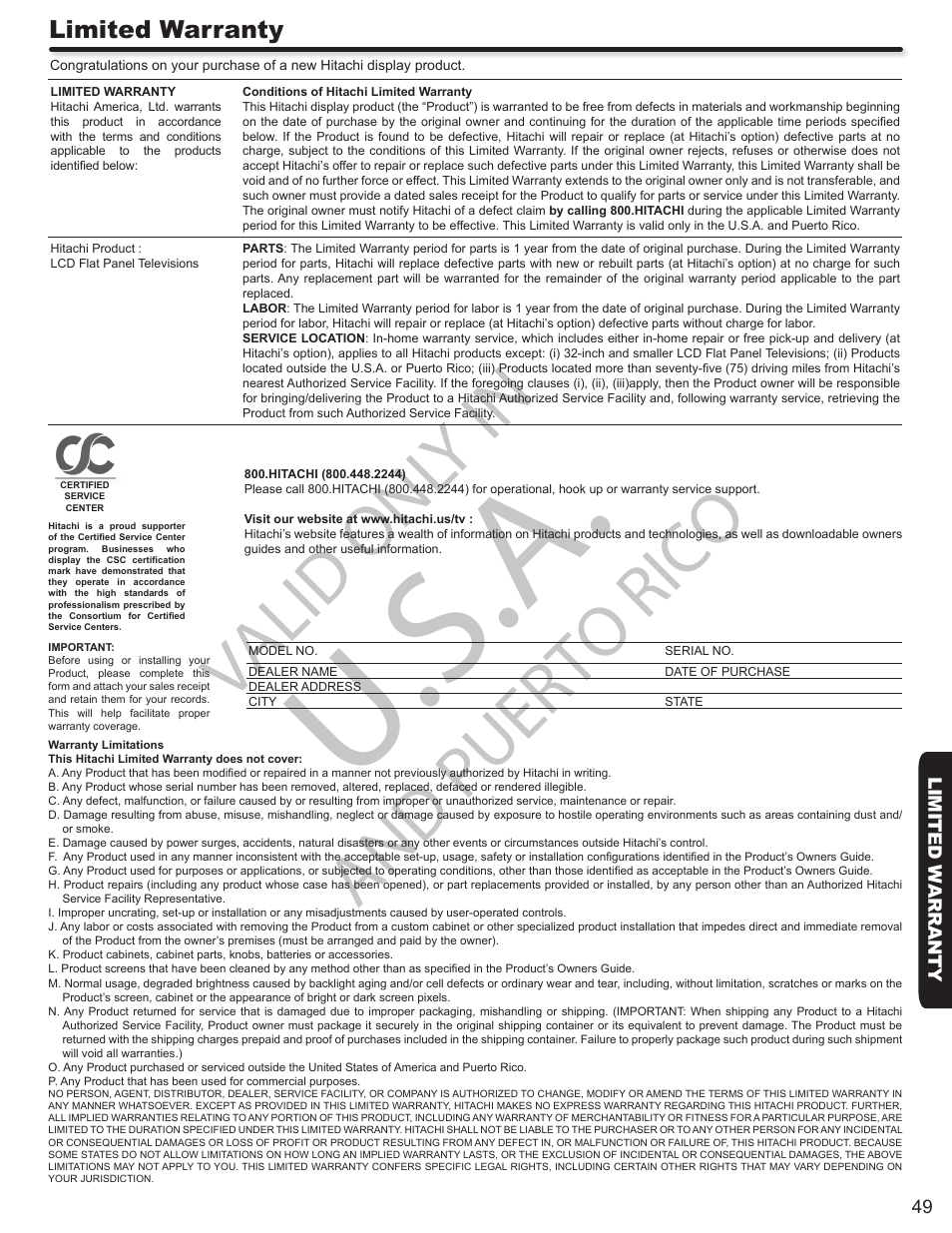 U.s.a, Valid onl y in, And puerto rico | Limited warranty | Hitachi ULTRAVISION L32S504 User Manual | Page 49 / 60