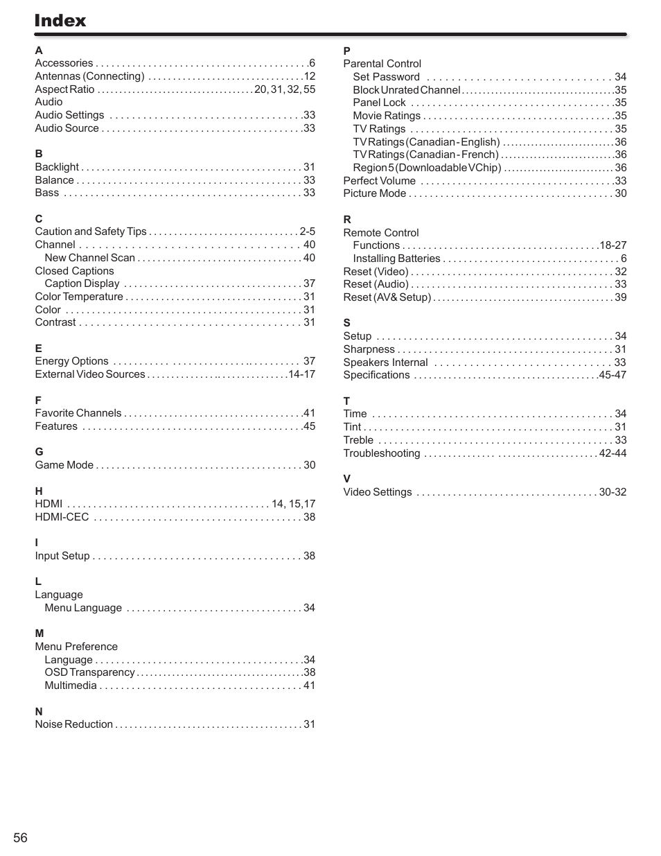 Index | Hitachi ULTRAVISION L32S504 User Manual | Page 56 / 60