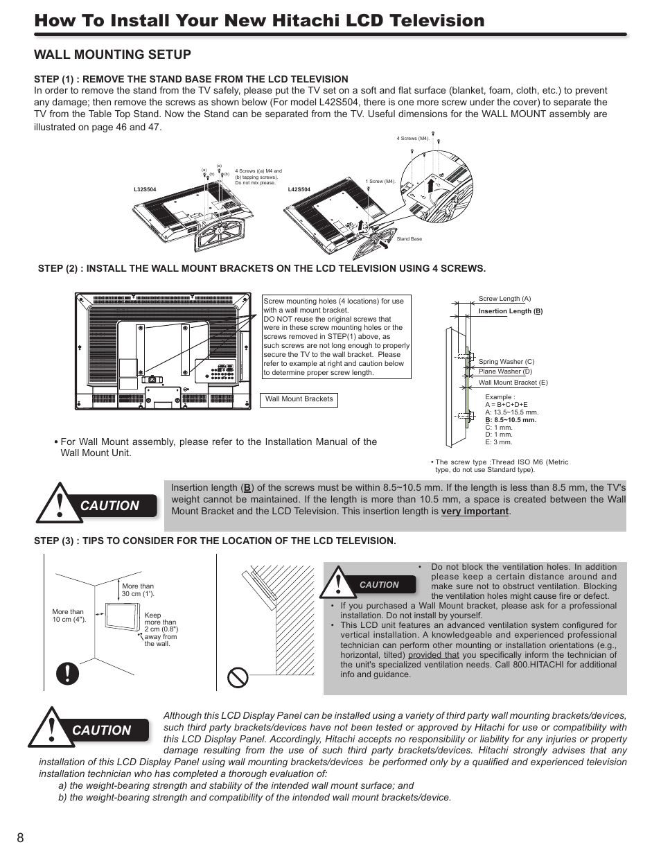 How to install your new hitachi lcd television, Wall mounting setup, Caution | Hitachi ULTRAVISION L32S504 User Manual | Page 8 / 60