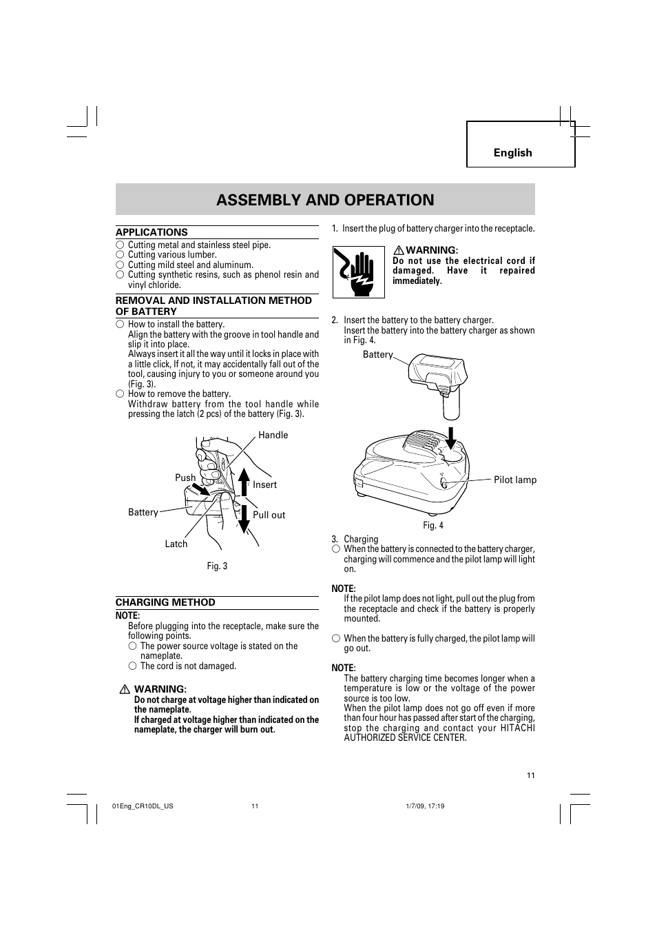 Assembly and operation | Hitachi CR 10DL User Manual | Page 11 / 56