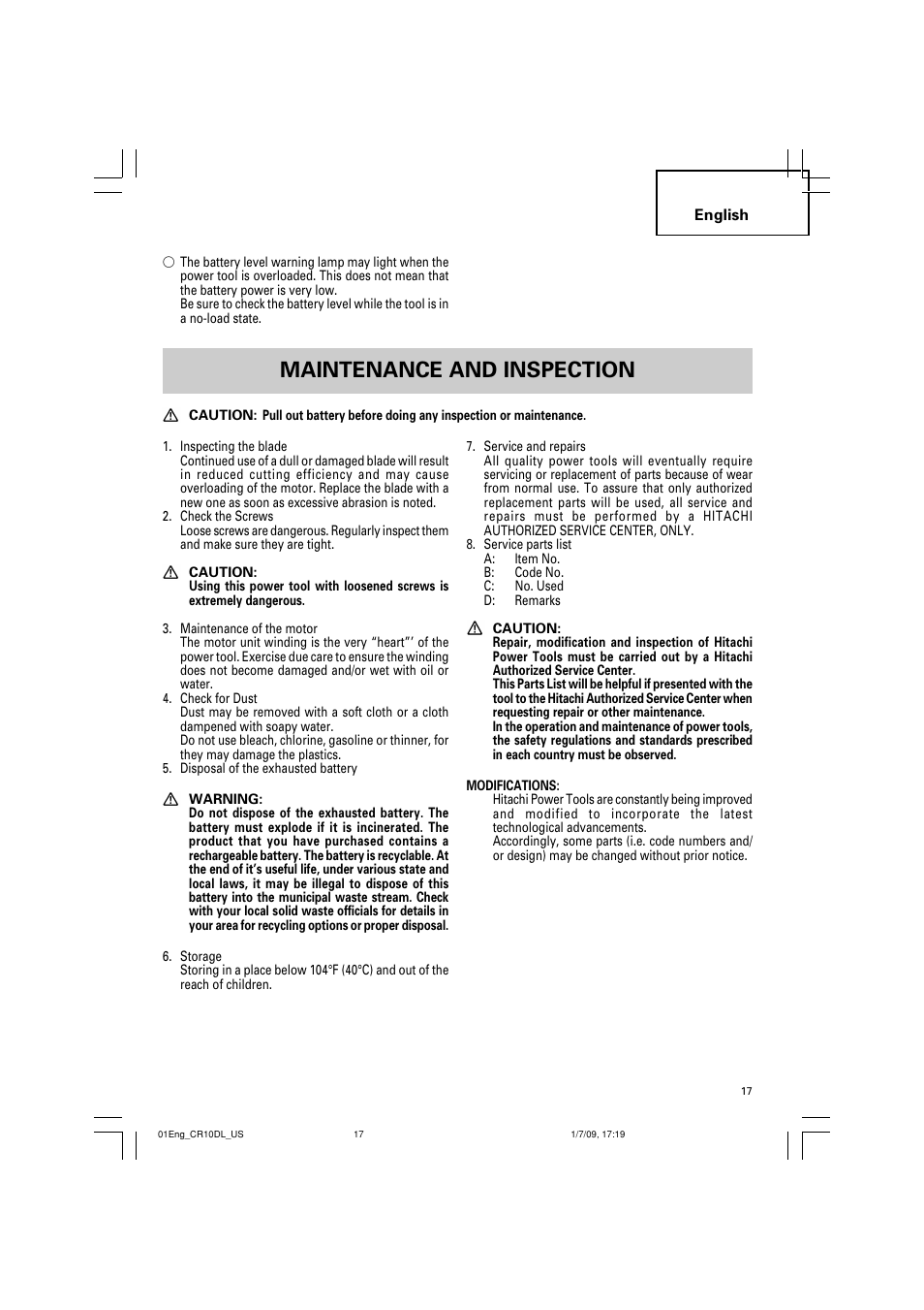 Maintenance and inspection | Hitachi CR 10DL User Manual | Page 17 / 56