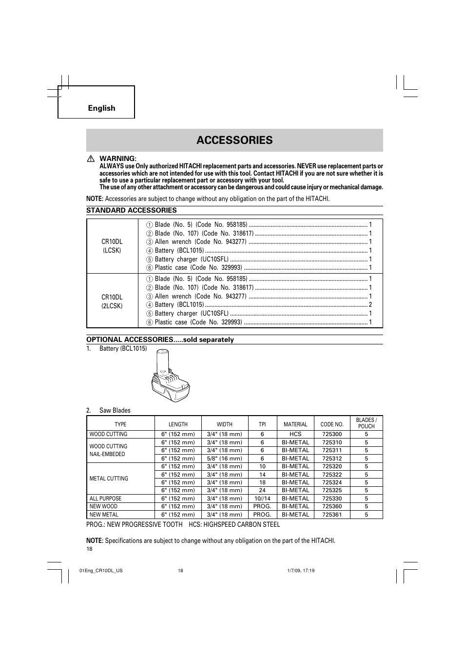 Accessories, English | Hitachi CR 10DL User Manual | Page 18 / 56
