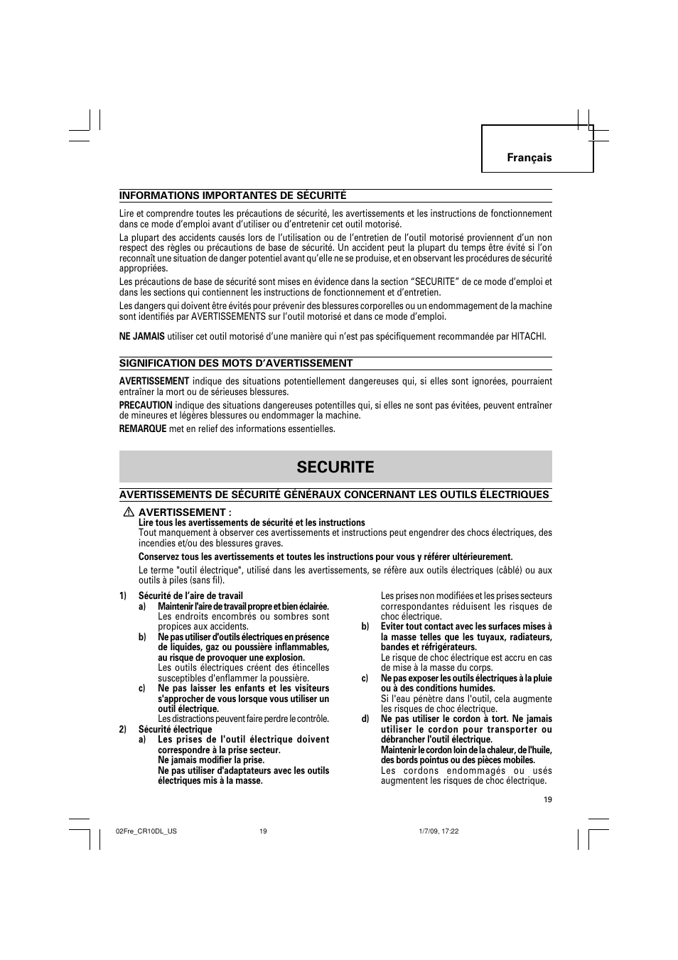 〲䙲敟䍒㄰䑌录, Securite | Hitachi CR 10DL User Manual | Page 19 / 56