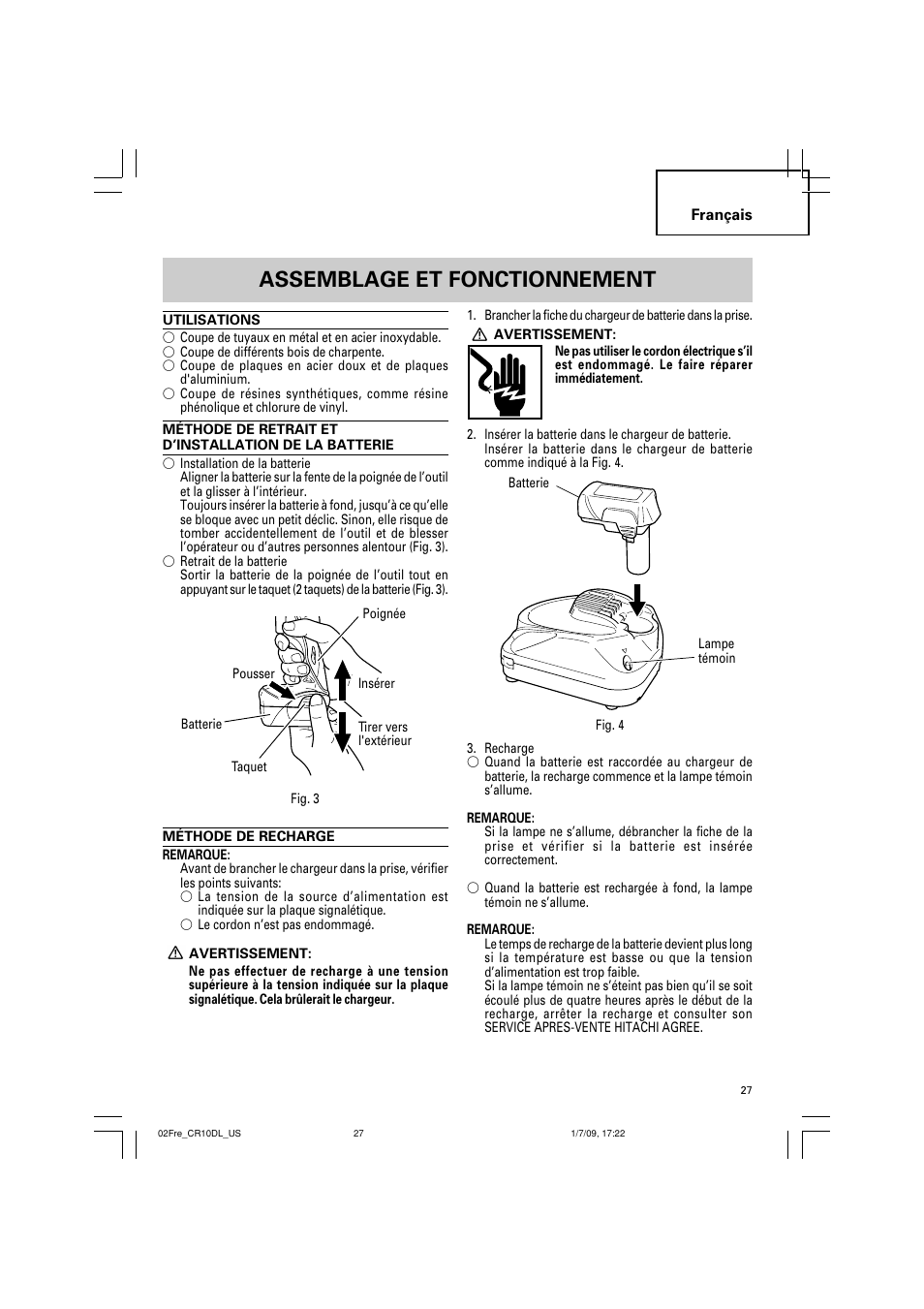 Assemblage et fonctionnement | Hitachi CR 10DL User Manual | Page 27 / 56