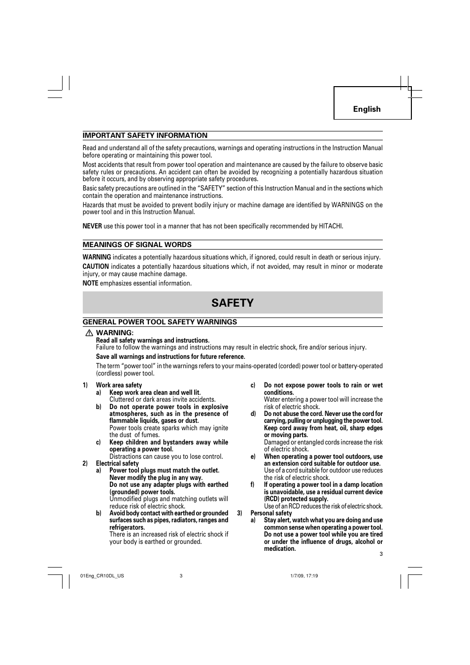 Safety | Hitachi CR 10DL User Manual | Page 3 / 56