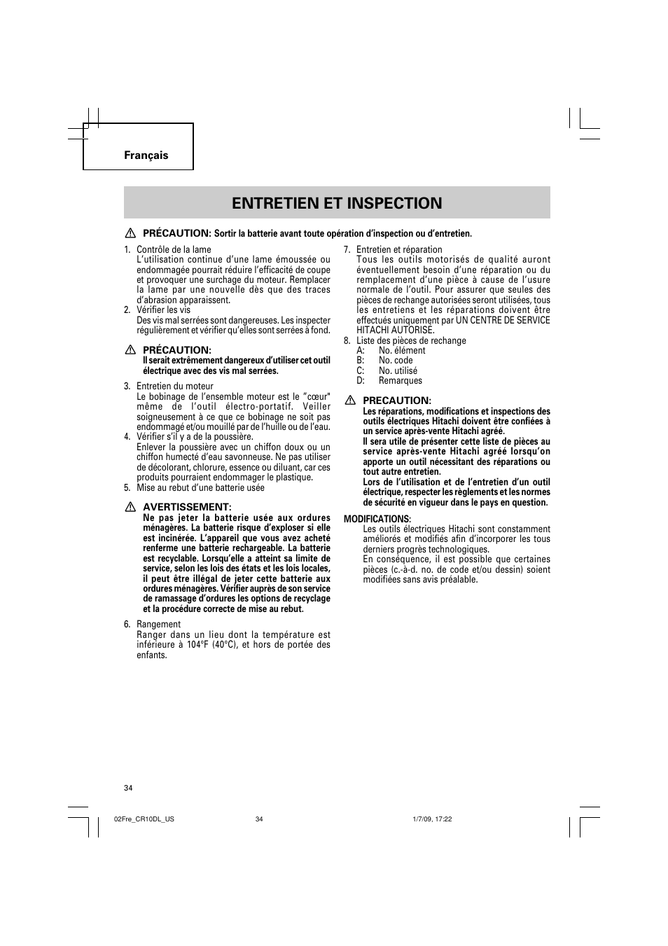 Entretien et inspection | Hitachi CR 10DL User Manual | Page 34 / 56
