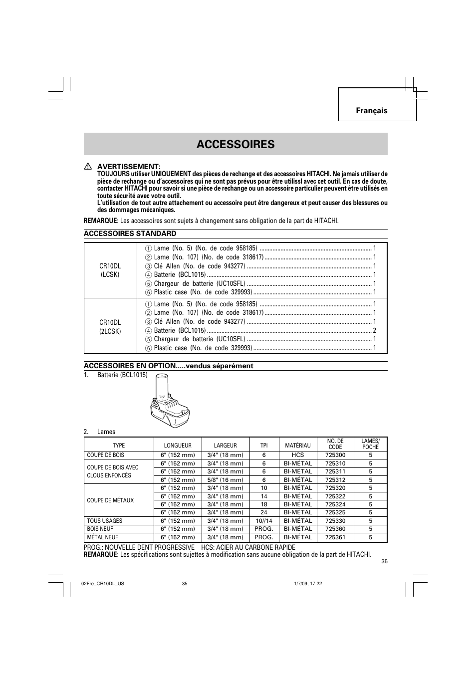 Accessoires, Français | Hitachi CR 10DL User Manual | Page 35 / 56