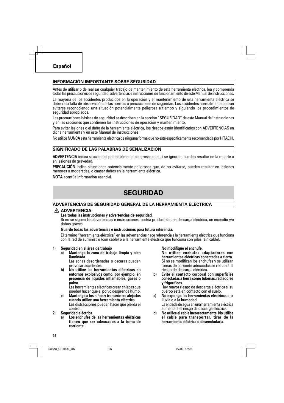 〳印慟䍒㄰䑌录, Seguridad | Hitachi CR 10DL User Manual | Page 36 / 56