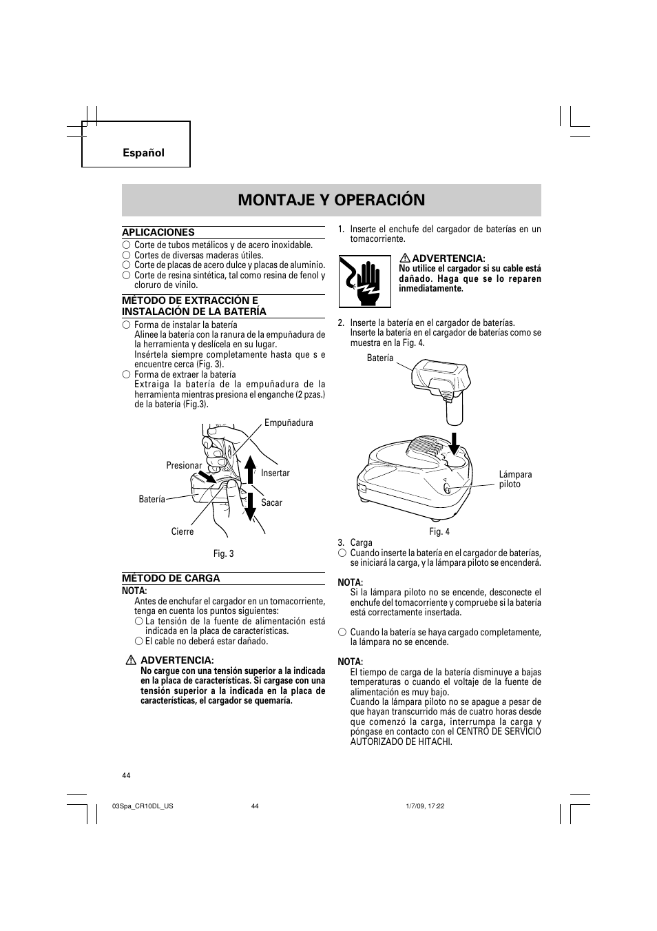 Montaje y operación | Hitachi CR 10DL User Manual | Page 44 / 56