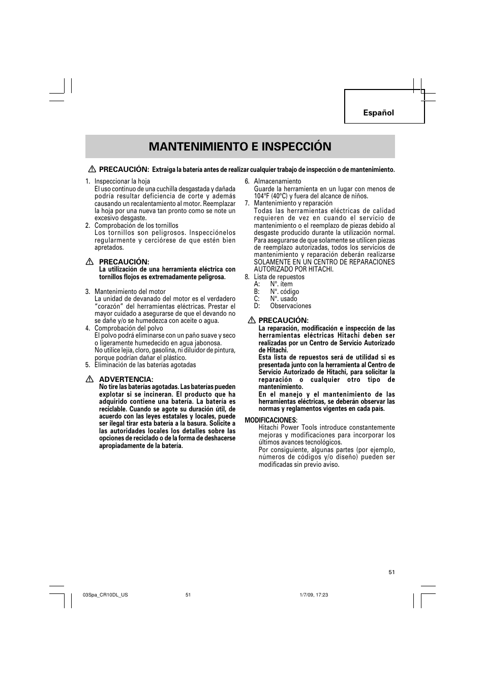 Mantenimiento e inspección | Hitachi CR 10DL User Manual | Page 51 / 56