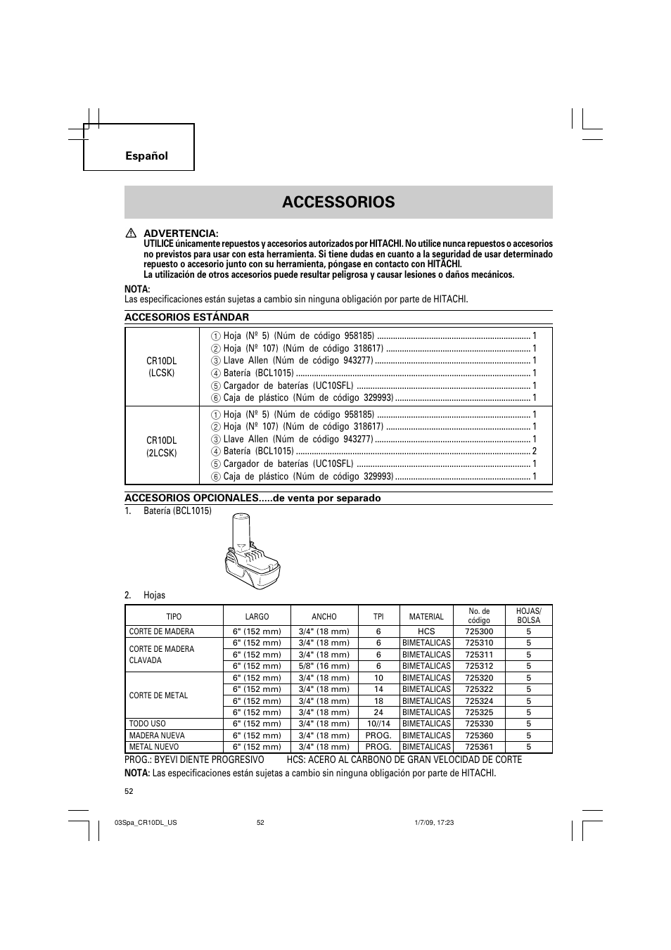 Accessorios, Español | Hitachi CR 10DL User Manual | Page 52 / 56