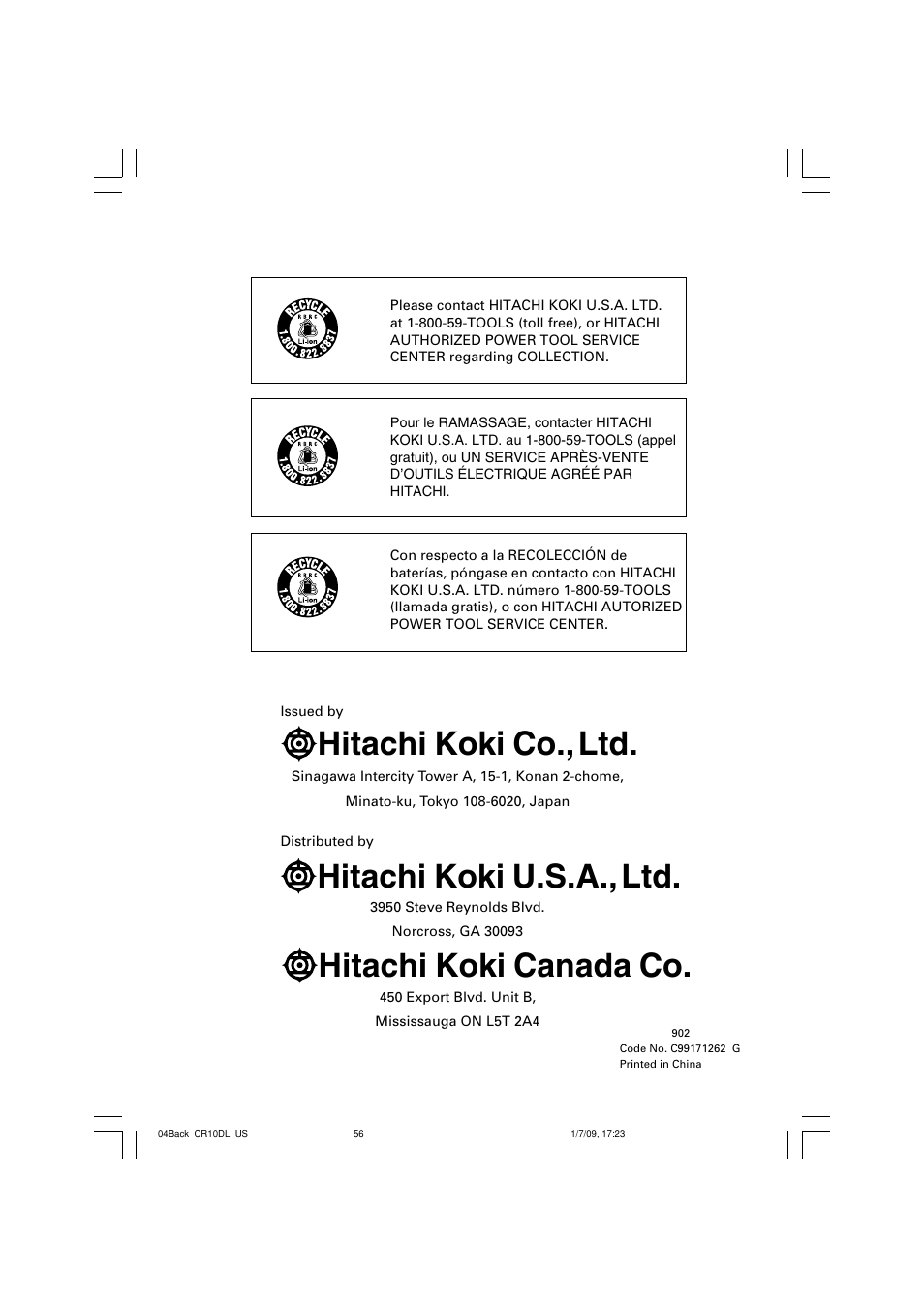 Hitachi koki co., ltd, Hitachi koki u.s.a., ltd, Hitachi koki canada co | Hitachi CR 10DL User Manual | Page 56 / 56