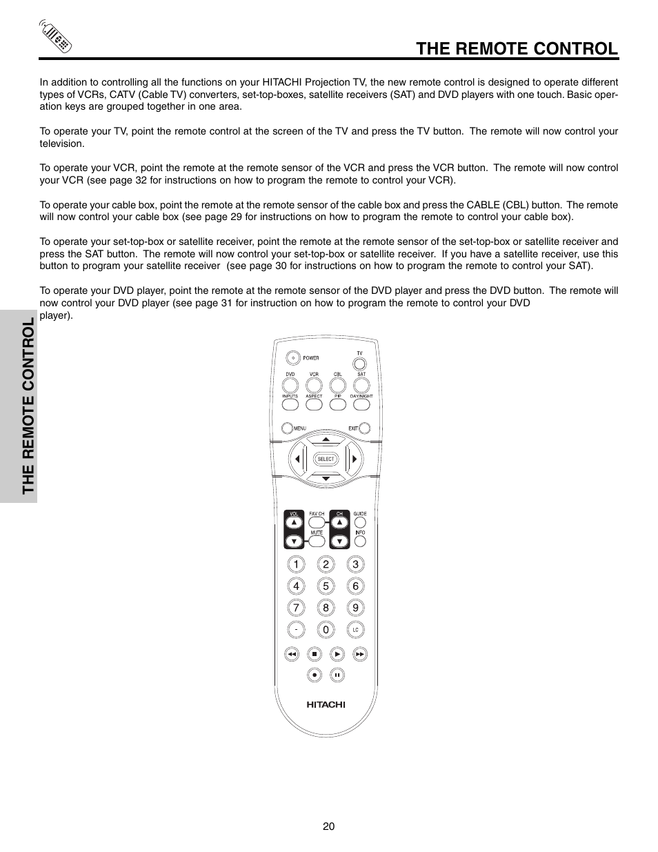 The remote control, The remo te contr ol | Hitachi 65F710 User Manual | Page 20 / 80