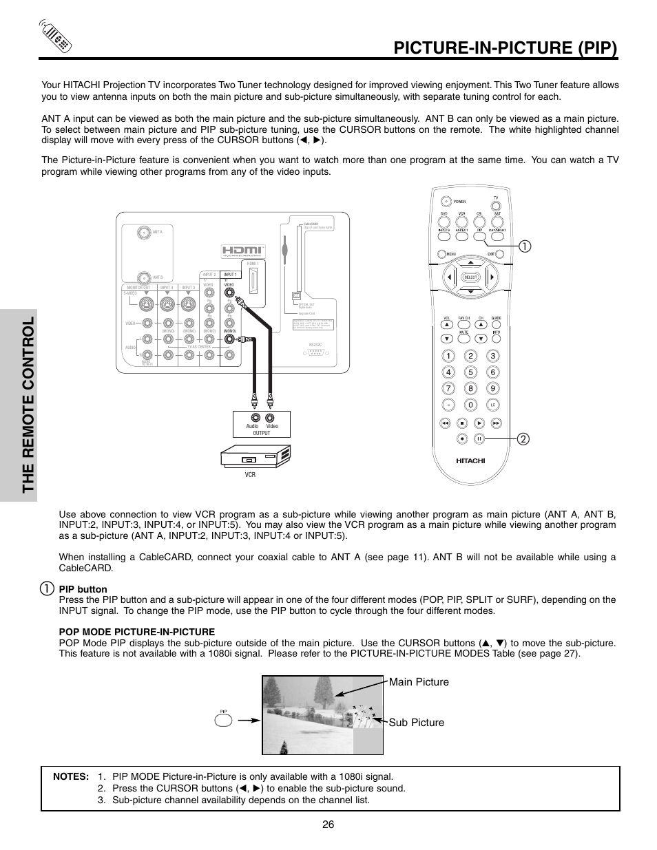 Picture-in-picture (pip), The remo te contr ol, Main picture sub picture | Hitachi 65F710 User Manual | Page 26 / 80