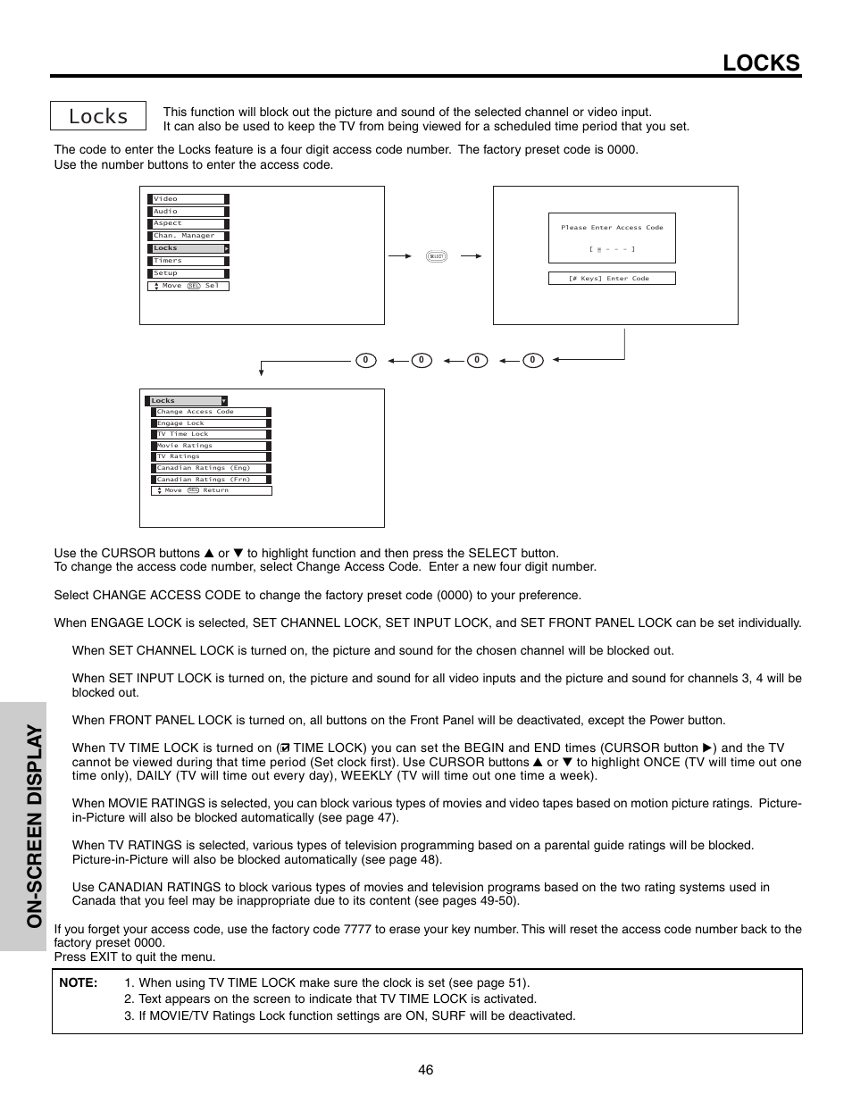 Locks, On-screen displa y | Hitachi 65F710 User Manual | Page 46 / 80