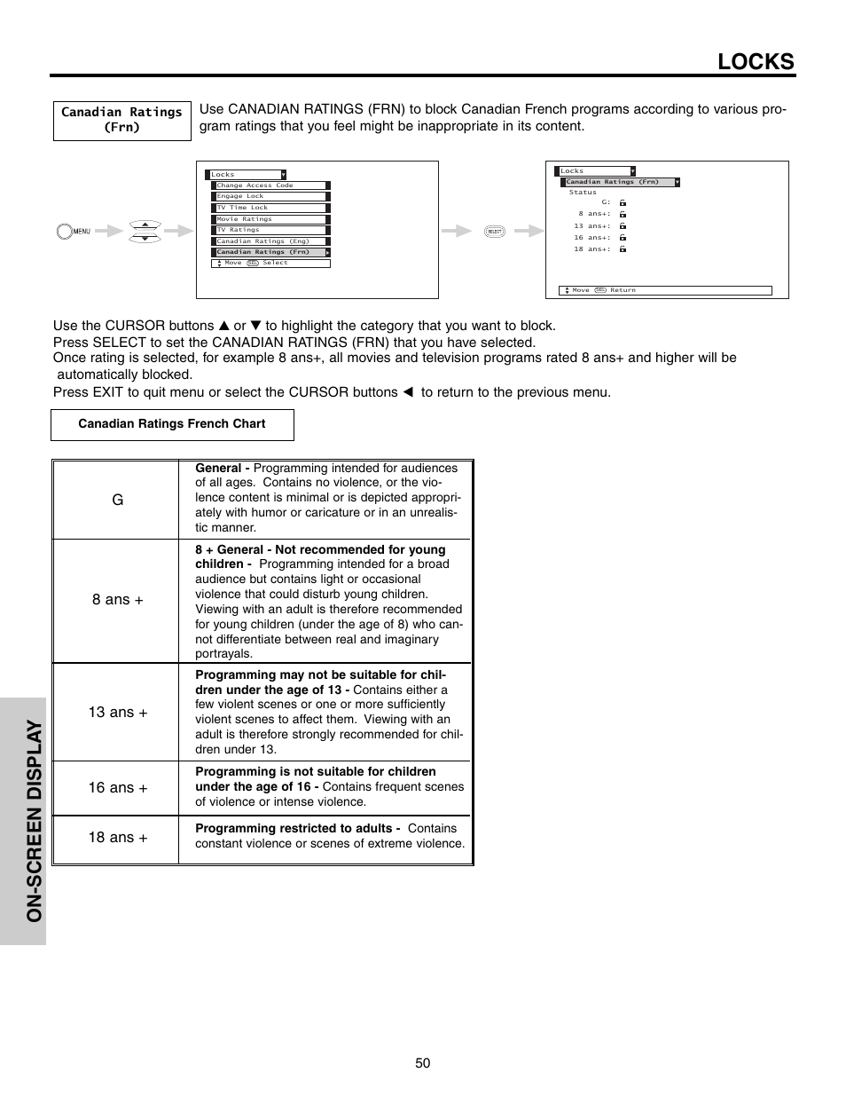 Locks, On-screen displa y | Hitachi 65F710 User Manual | Page 50 / 80