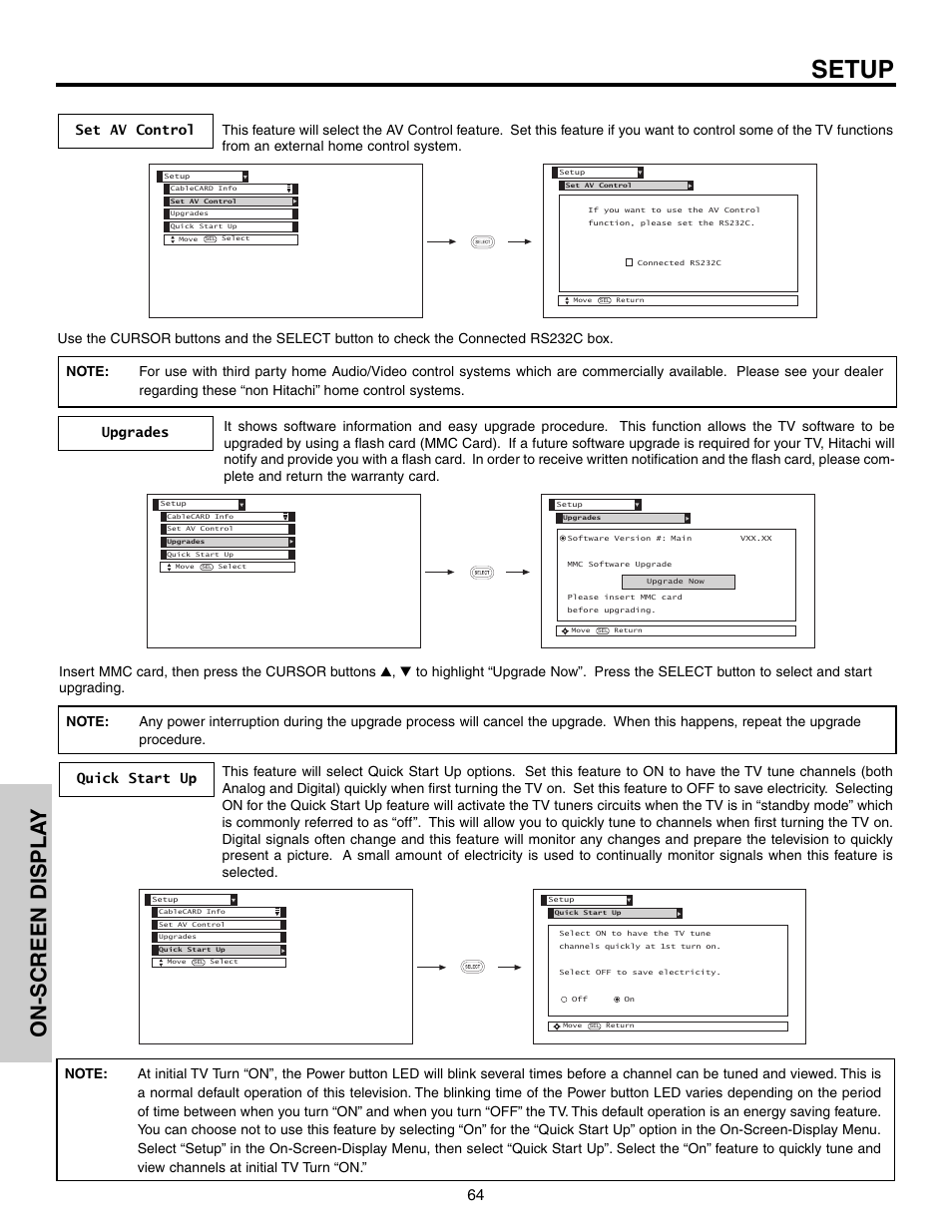 Setup, On-screen displa y | Hitachi 65F710 User Manual | Page 64 / 80