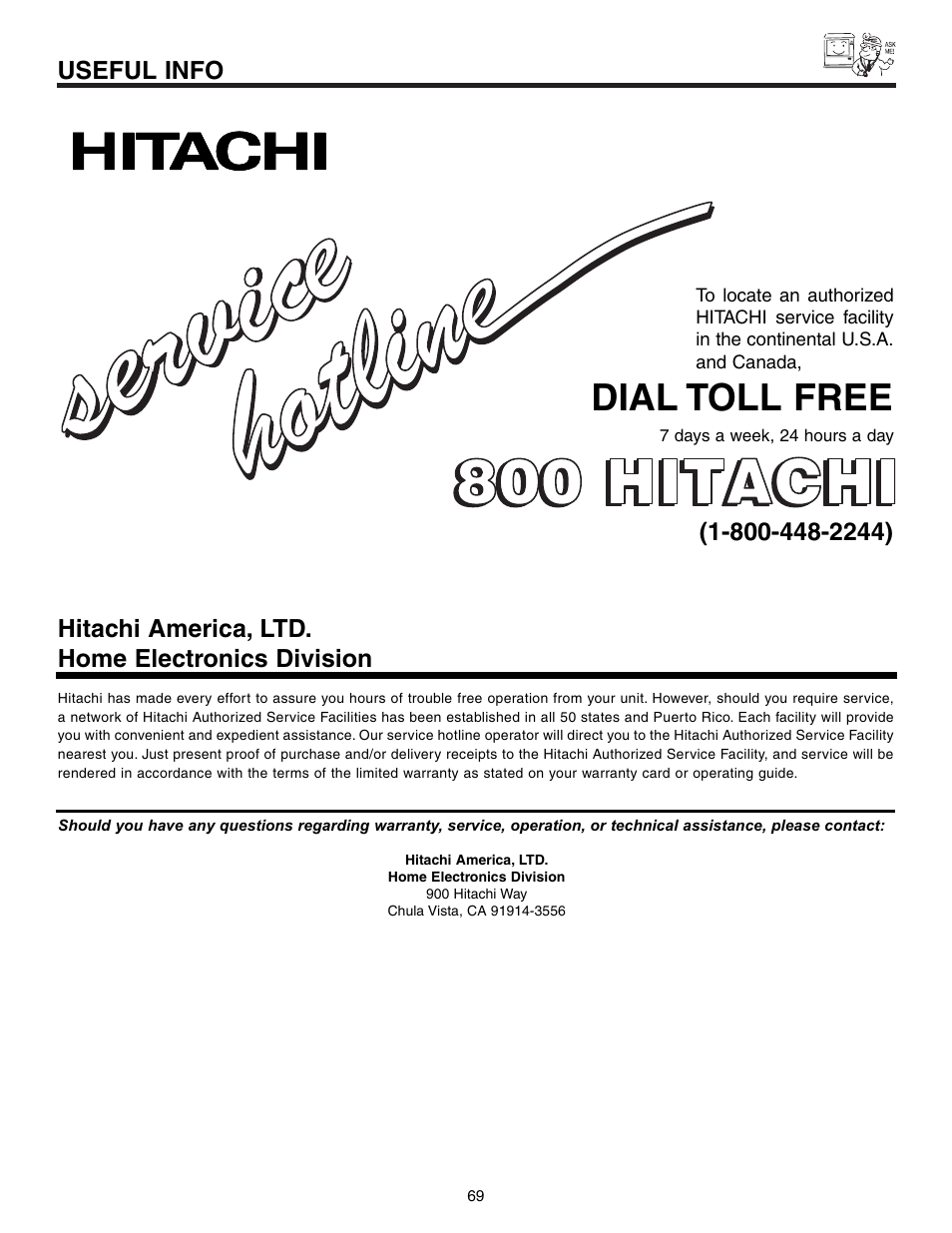 Dial toll free, Useful info, Hitachi america, ltd. home electronics division | Hitachi 65F710 User Manual | Page 69 / 80