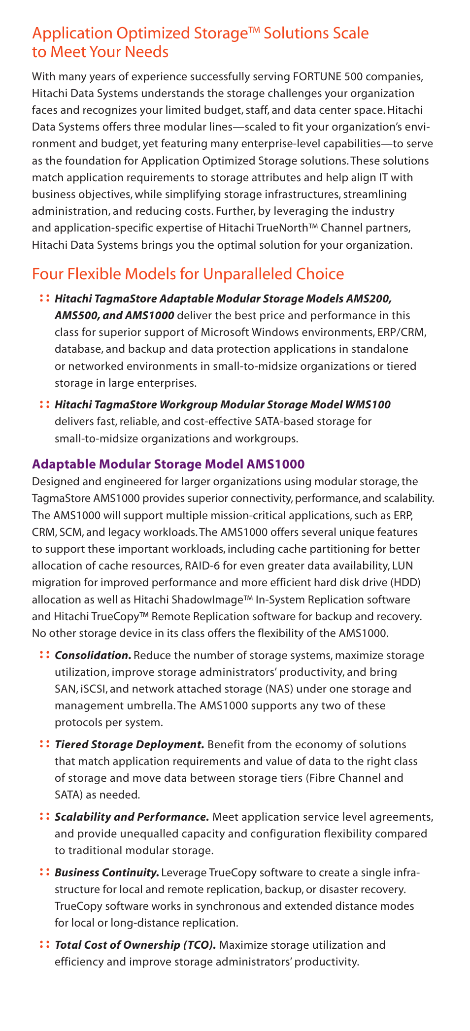 Application optimized storage, Solutions scale to meet your needs, Four flexible models for unparalleled choice | Hitachi STORAGE NSC55 User Manual | Page 3 / 7