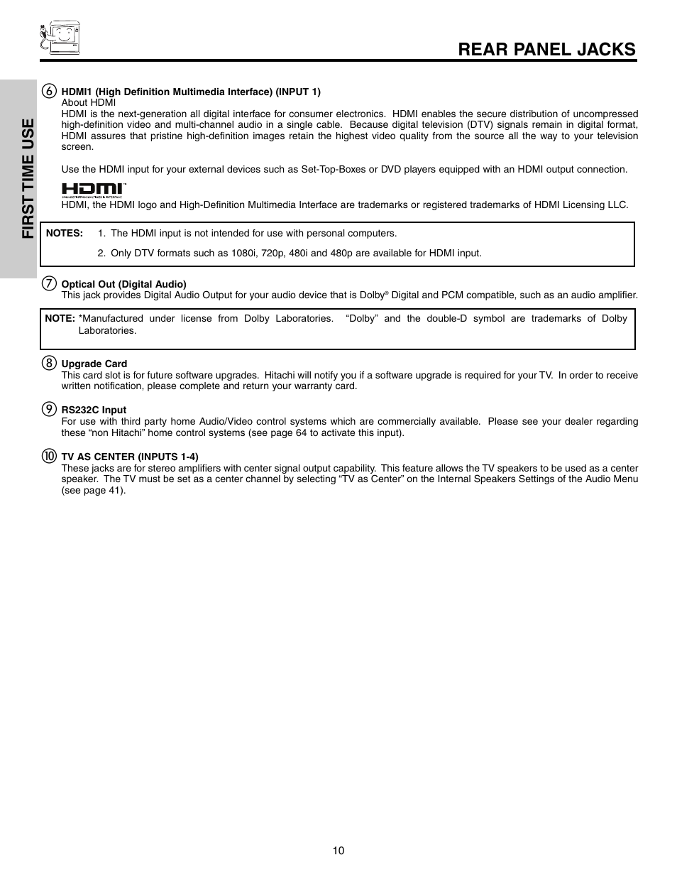 Rear panel jacks, First time use | Hitachi 57F710S User Manual | Page 10 / 80