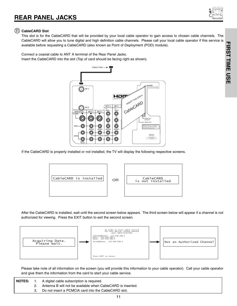 Rear panel jacks, First time use, Cablecard | Hitachi 57F710S User Manual | Page 11 / 80