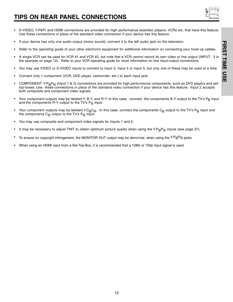 Tips on rear panel connections, First time use | Hitachi 57F710S User Manual | Page 13 / 80