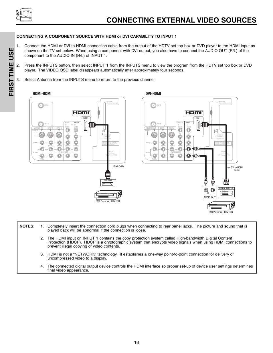 Connecting external video sources, First time use | Hitachi 57F710S User Manual | Page 18 / 80