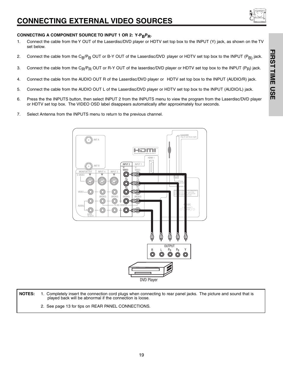 Connecting external video sources, First time use | Hitachi 57F710S User Manual | Page 19 / 80