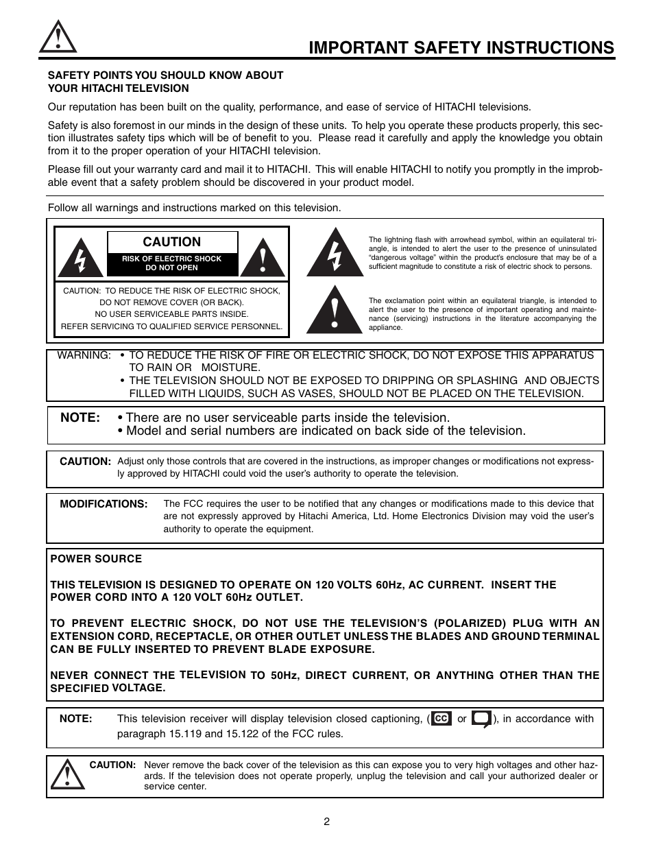 Important safety instructions, Caution | Hitachi 57F710S User Manual | Page 2 / 80