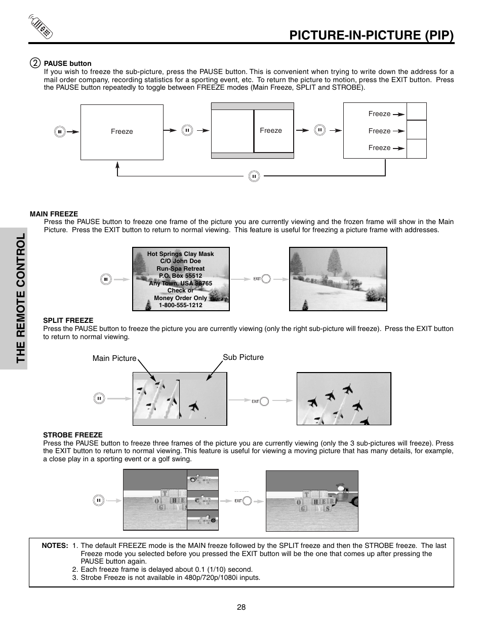 Picture-in-picture (pip), The remo te contr ol | Hitachi 57F710S User Manual | Page 28 / 80