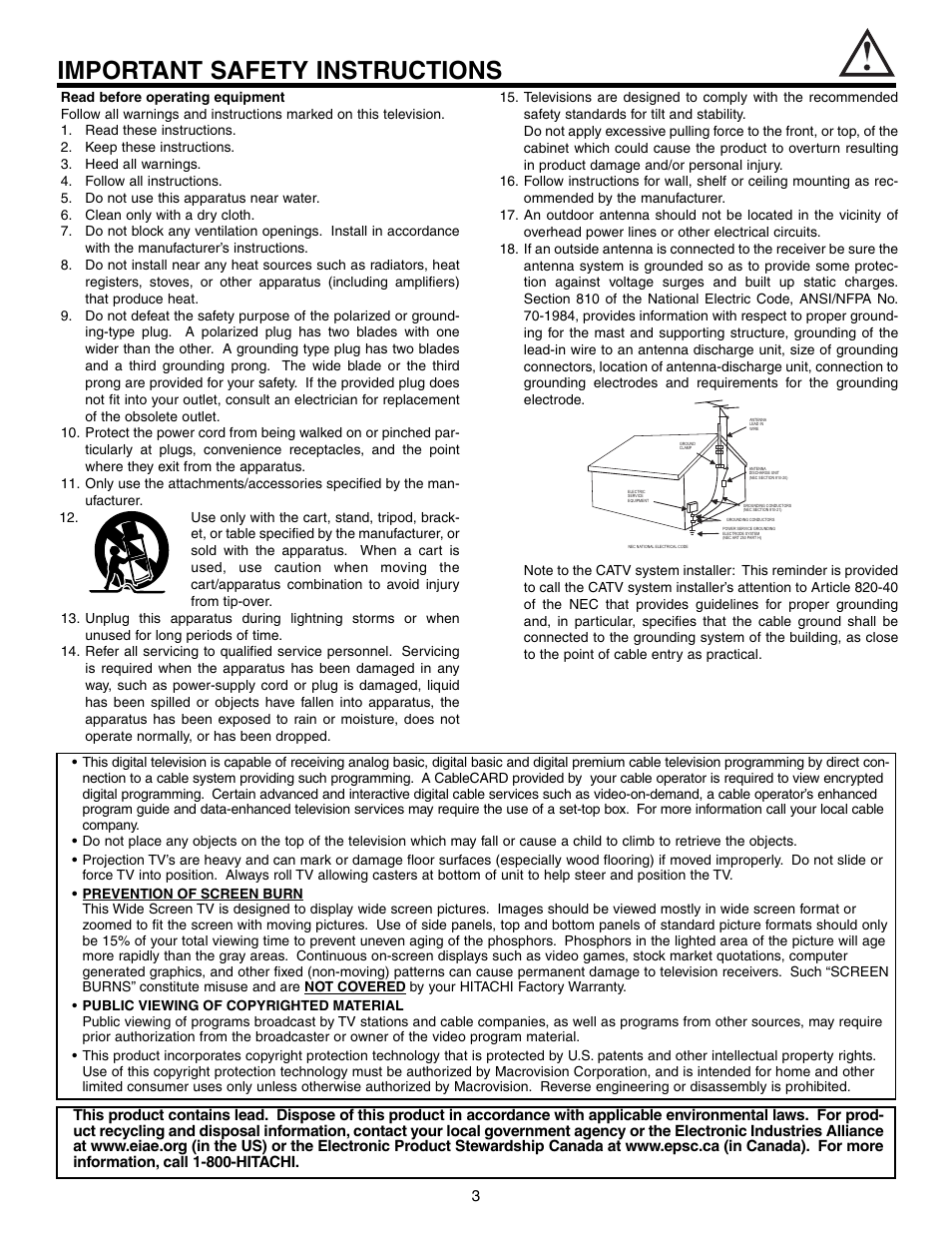 Important safety instructions | Hitachi 57F710S User Manual | Page 3 / 80