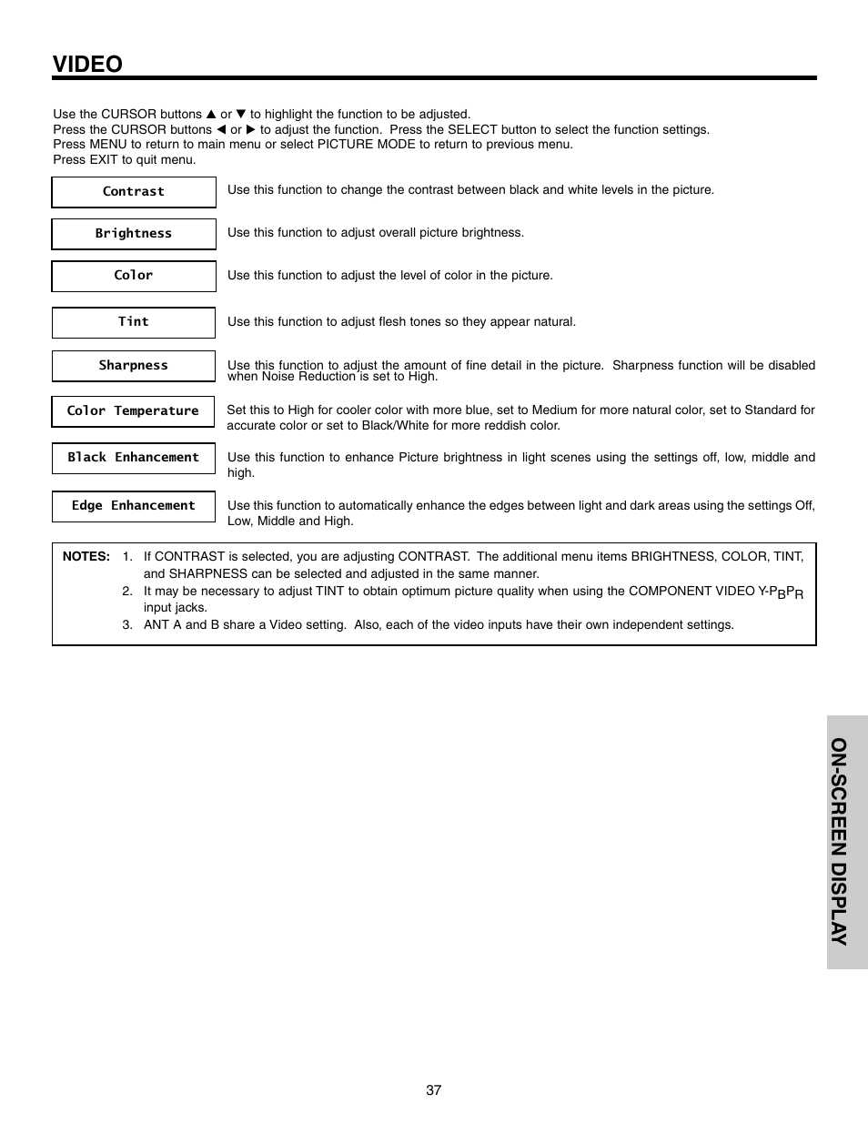 Video, On-screen displa y | Hitachi 57F710S User Manual | Page 37 / 80