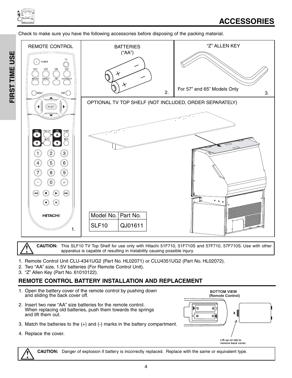 Accessories, First time use | Hitachi 57F710S User Manual | Page 4 / 80