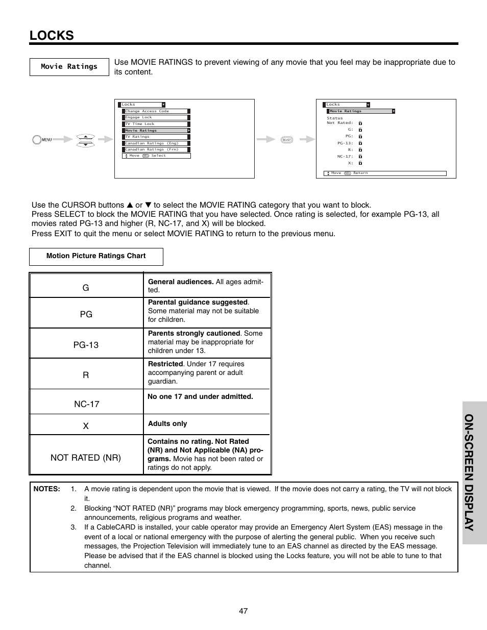 Locks, On-screen displa y, Gpg pg-13 r nc-17 x not rated (nr) | Hitachi 57F710S User Manual | Page 47 / 80