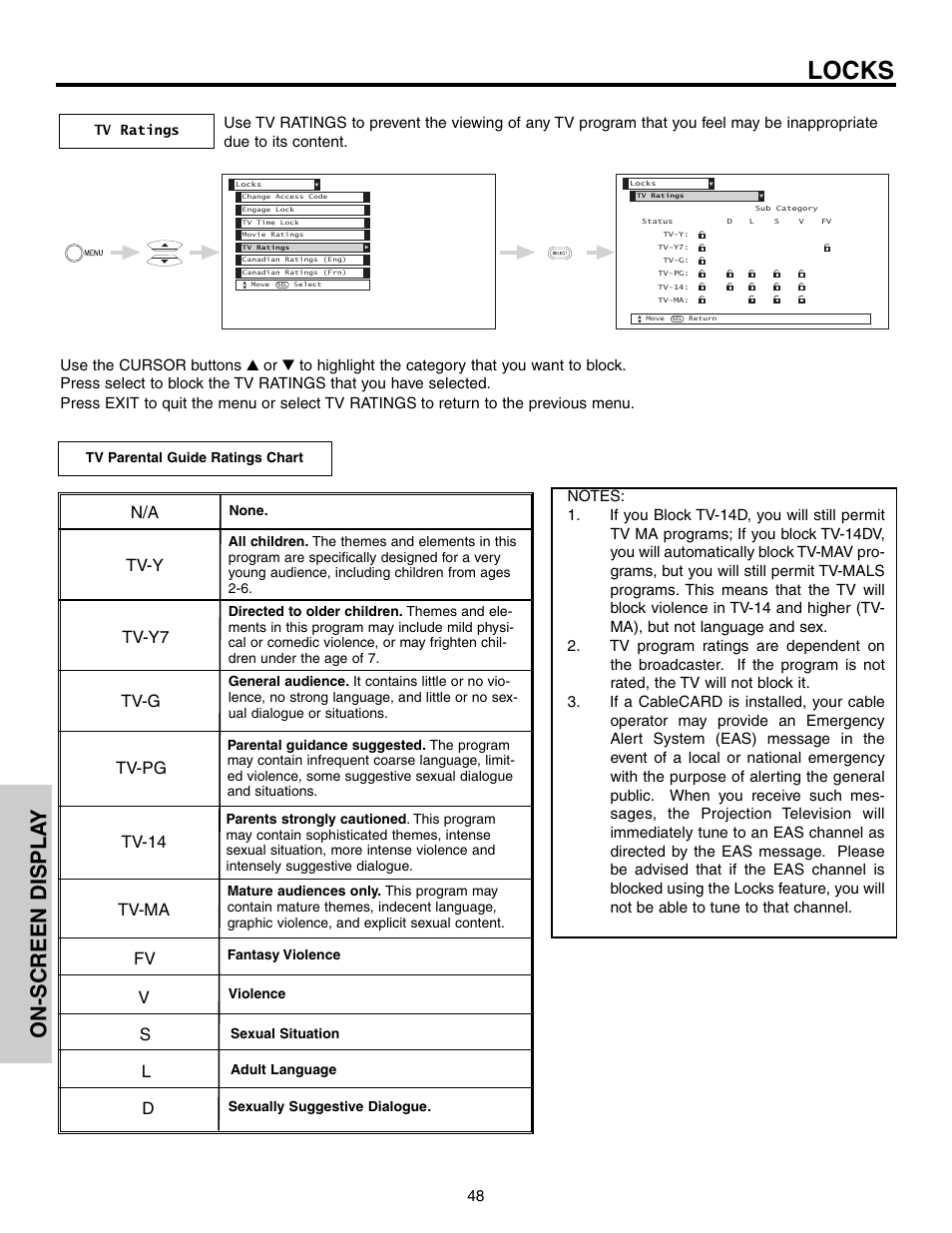 Locks, On-screen displa y, Tv-y tv-y7 tv-g tv-pg tv-14 tv-ma | Hitachi 57F710S User Manual | Page 48 / 80