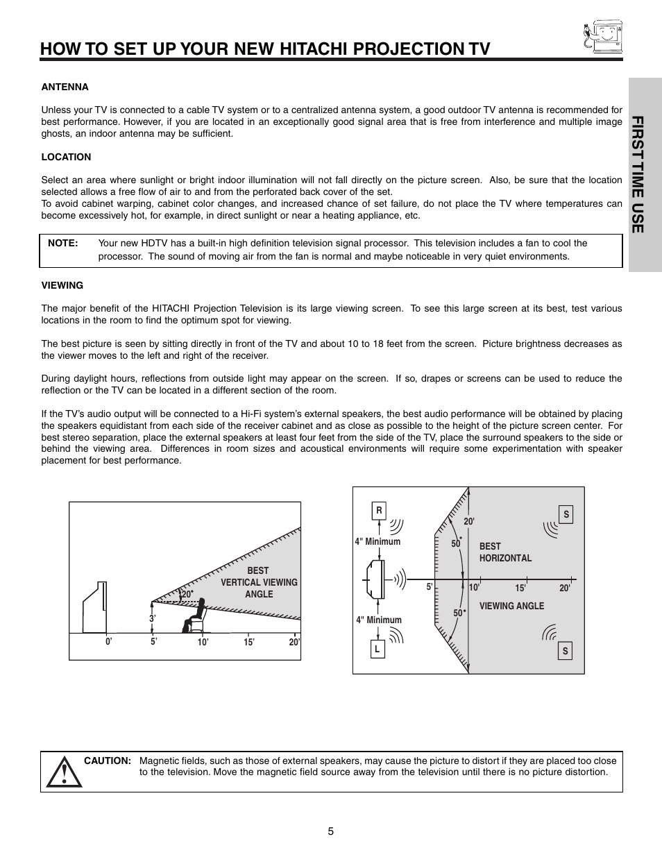 How to set up your new hitachi projection tv, First time use | Hitachi 57F710S User Manual | Page 5 / 80