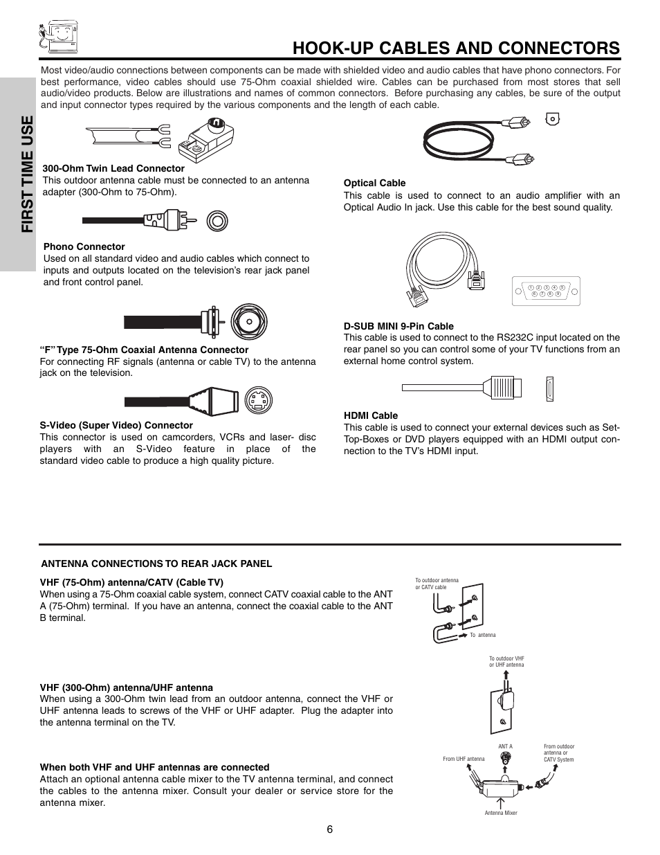 Hook-up cables and connectors, First time use | Hitachi 57F710S User Manual | Page 6 / 80