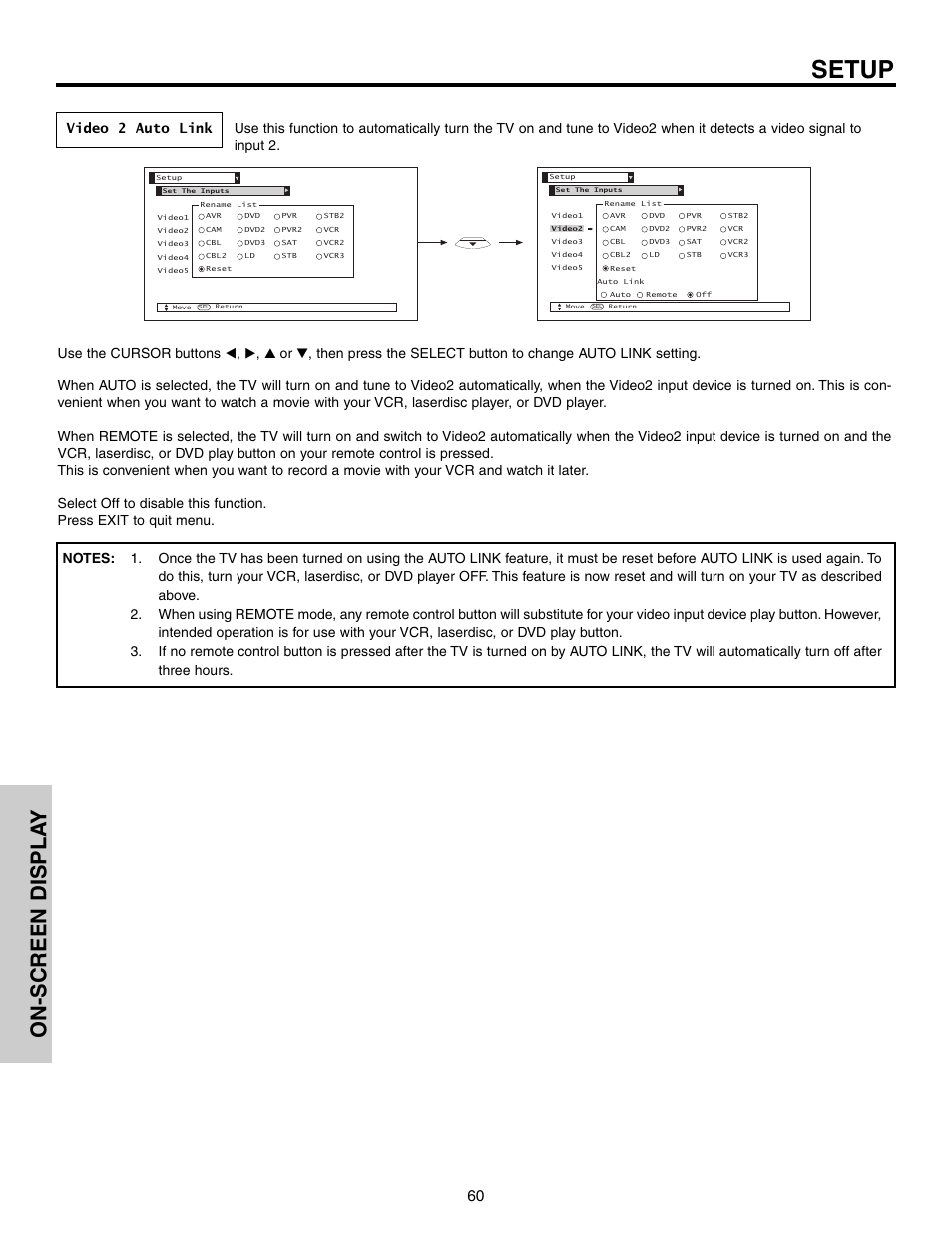 Setup, On-screen displa y | Hitachi 57F710S User Manual | Page 60 / 80